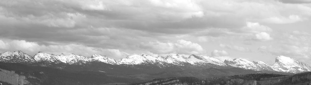 Scenic view of mountains against cloudy sky