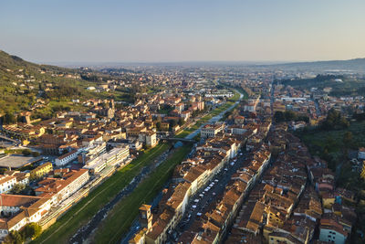 High angle view of cityscape against clear sky