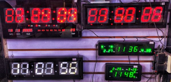 Close-up of timers on wall