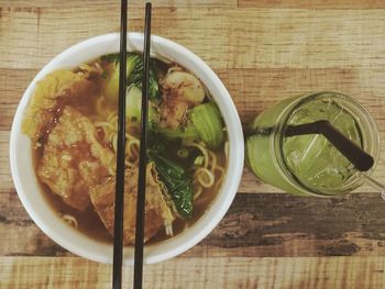 Directly above shot of soup in bowl on table