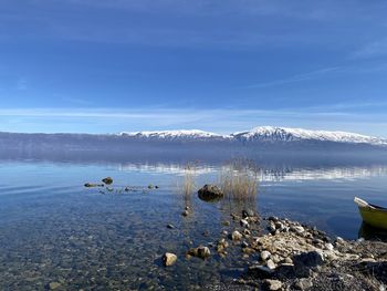 Scenic view of lake by snowcapped mountains against sky