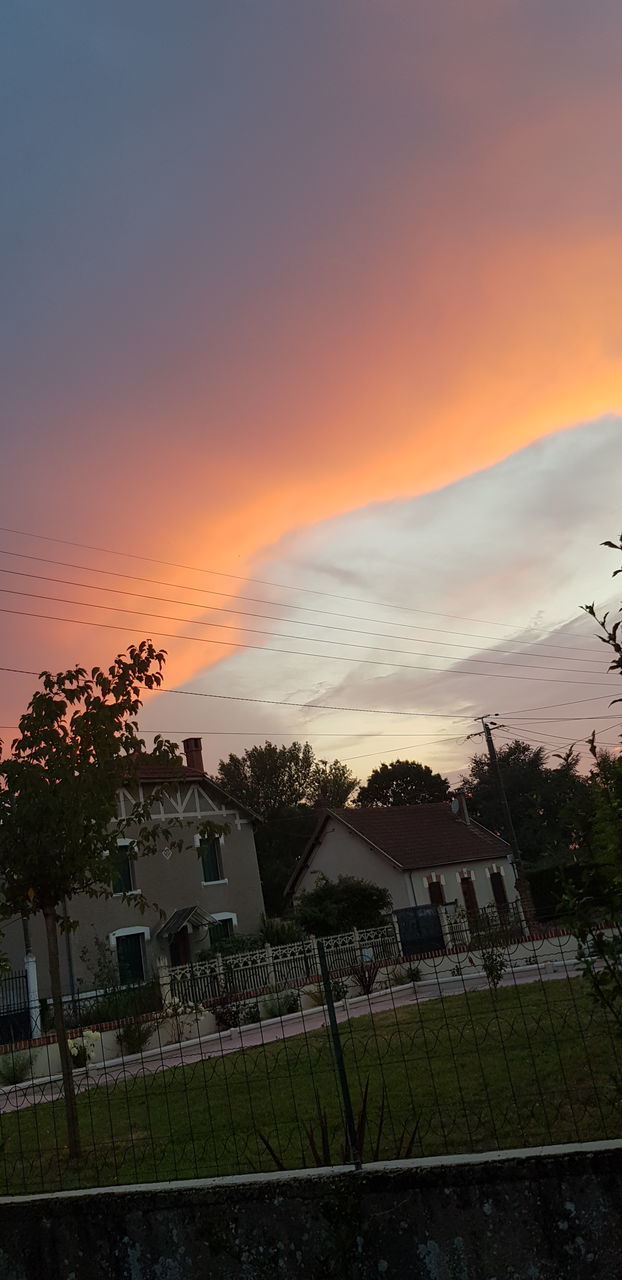 TREES AND BUILDINGS AGAINST SKY AT SUNSET