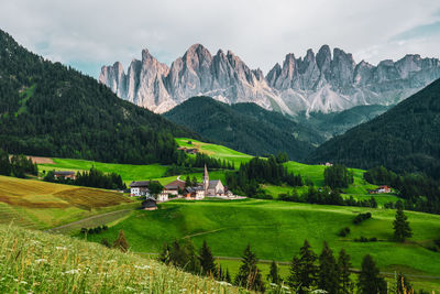 Panoramic view of the church of st. maddalena in the dolomites, italy.