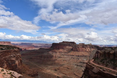 Rock formations on landscape against cloudy sky