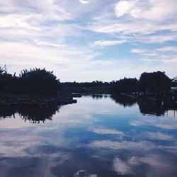 Scenic view of lake against cloudy sky