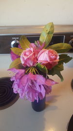 High angle view of pink flower pot