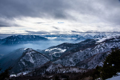 Scenic view of snowcapped mountains against sky