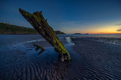 Driftwood on beach against sky during sunset