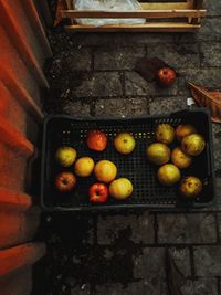 High angle view of apples in container