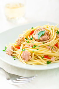 Close-up of noodles in plate on table