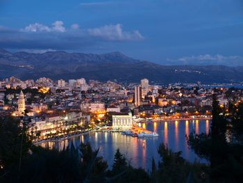 Illuminated buildings in city