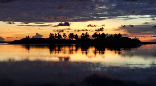 Silhouette trees by lake against sky during sunset