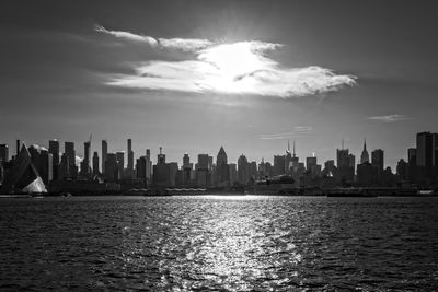 Sea by cityscape against sky