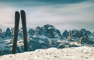 Skis without poles sticking out of the old gray snow, nobody