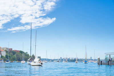 Sailboats moored in sea against sky