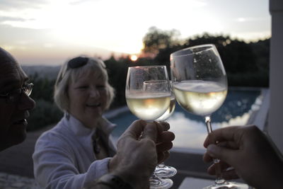 Senior friends toasting wine glasses in back yard