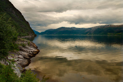 Scenic view of lake by mountains against sky