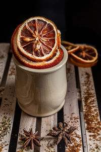 High angle view of oranges on table