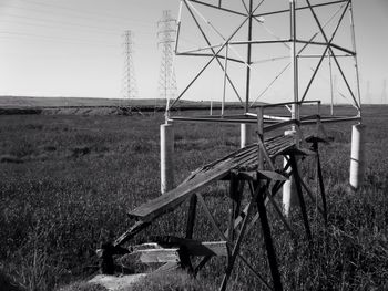 Electricity pylons on field against clear sky during sunny day