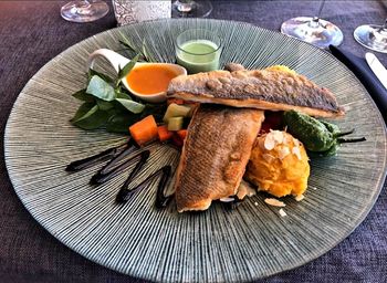High angle view of food in plate on table