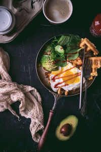 High angle view of breakfast in frying pan on table