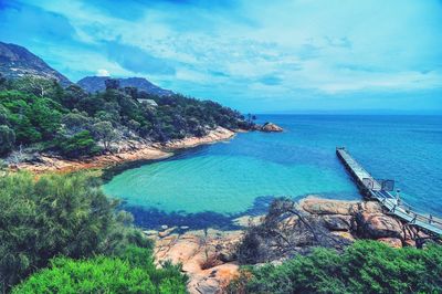 Scenic view of sea against blue sky