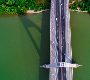 High angle view of wooden post on lake