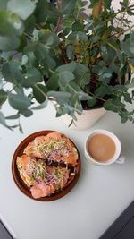 High angle view of tea served on table