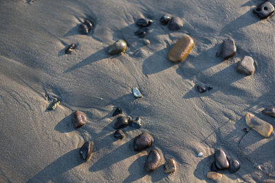 High angle view of footprints on sand at beach