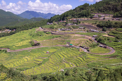 High angle view of agricultural field against sky