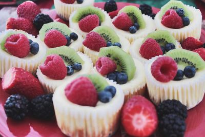 Close-up of fruits on cheesecakes