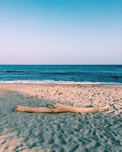 Scenic view of beach against clear blue sky