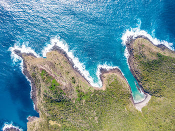 Drone view of mount eliza on lord howe island, nsw, australia. turquoise water, waves and cliffs.