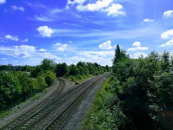 Railway tracks amidst trees against sky