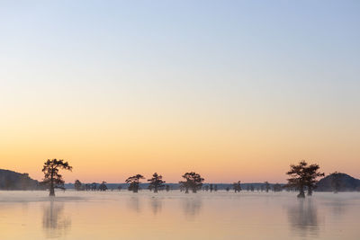 Scenic view of trees in lake against sky during dusk