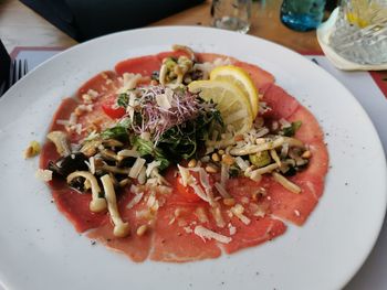 High angle view of food in plate