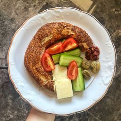 High angle view of breakfast served on table
