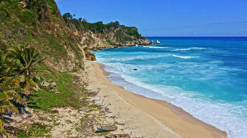 Scenic view of sea against clear blue sky