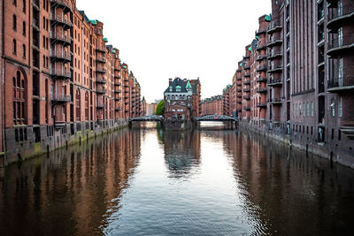 Bridge over canal amidst buildings in city against clear sky