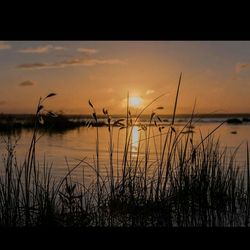 Scenic view of lake at sunset
