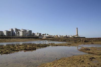 View of built structures against clear sky