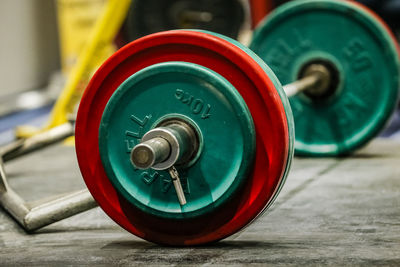 Close-up of dumbbells in gym