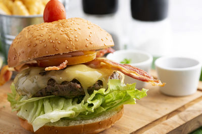 Close-up of burger on table