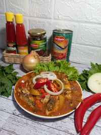 High angle view of meal served on table