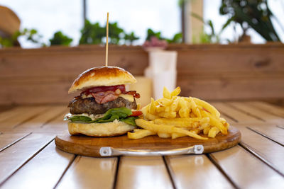 Close-up of burger on table