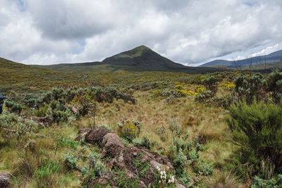 Scenic view of mugi hill against sky at chogoria route, mount kenya national park, kenya