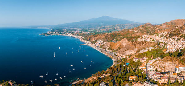 Panoramic aerial view of isola bella island and beach in taormina.