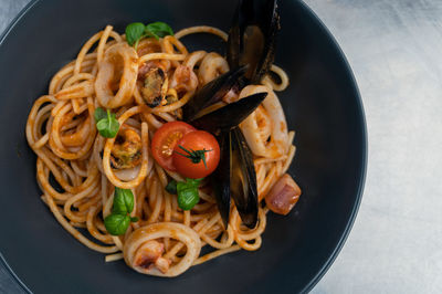 High angle view of noodles in plate