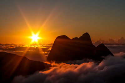 Scenic view of silhouette mountains against sky during sunset