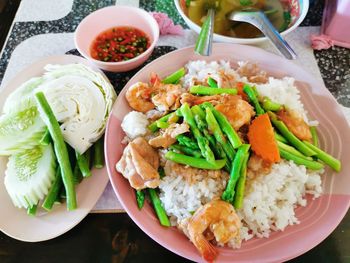 High angle view of meal served on table